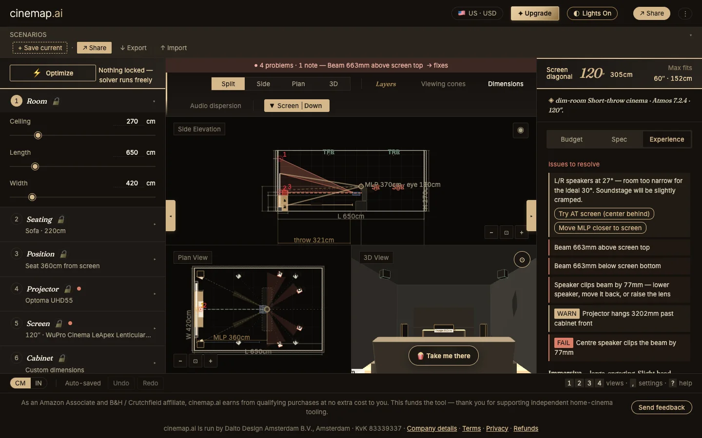 The cinemap planner in After Dark: room controls, side, plan and 3D views, and the checks that need fixing