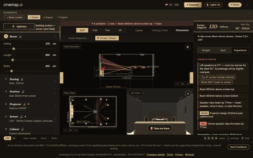 The cinemap planner in After Dark: room controls, side, plan and 3D views, and the checks that need fixing