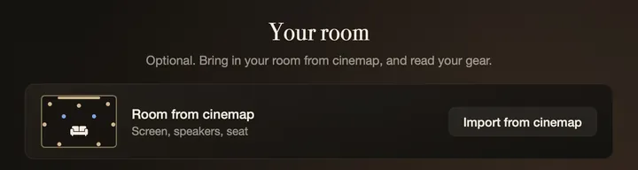 cinemap server on the Mac, Your room: Room from cinemap, with screen, speakers and seat, and an Import from cinemap button