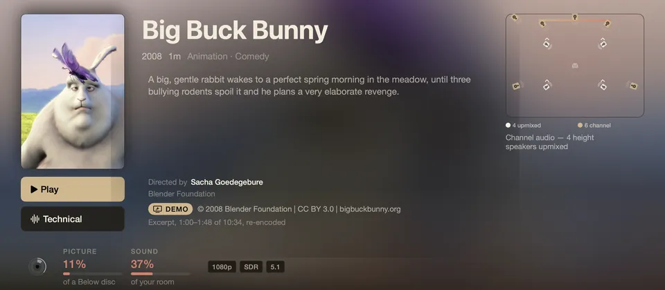 cinemap player on Apple TV: the page for the Blender open film Big Buck Bunny, with picture and sound gauges and a speaker map