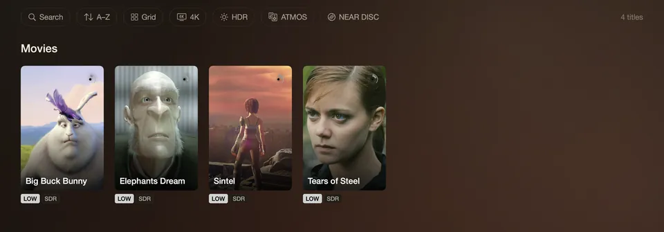 cinemap player on Apple TV: search, sort and 4K, HDR and Atmos filters above four films from the demo library